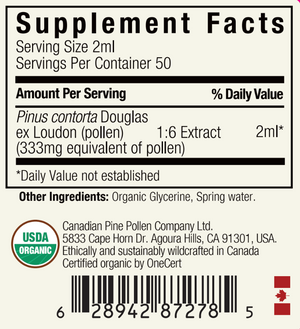 Lodgepole Pine Pollen Tincture - Alcohol Free - Wild and Certified Organic (100mL-3.4 fl oz)