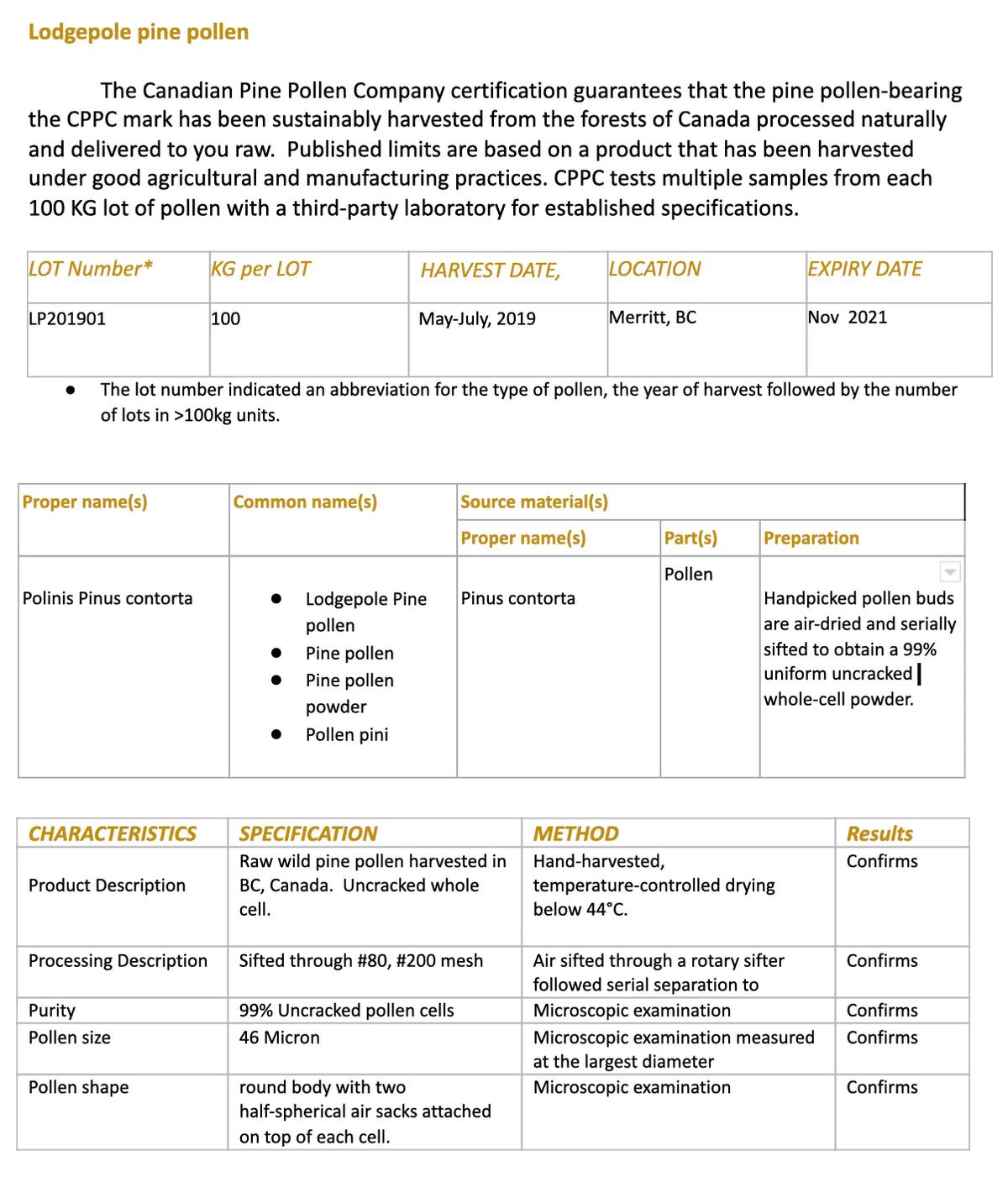Bulk Wild Pine Pollen - Certified Organic  Lodgepole- 1kg (2.2lb)