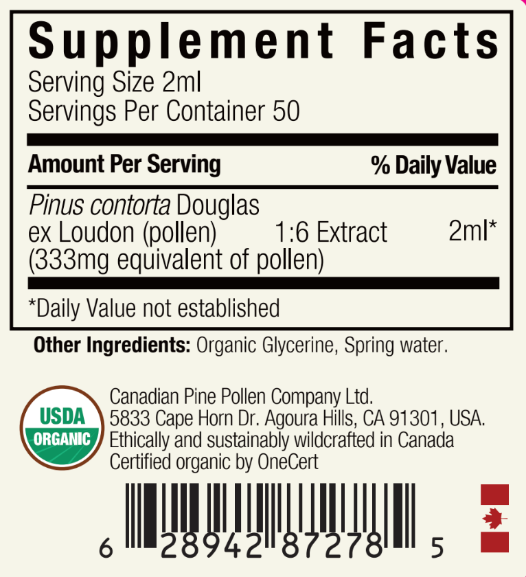 Lodgepole Pine Pollen Tincture - Alcohol Free - Wild and Certified Organic (100mL-3.4 fl oz)